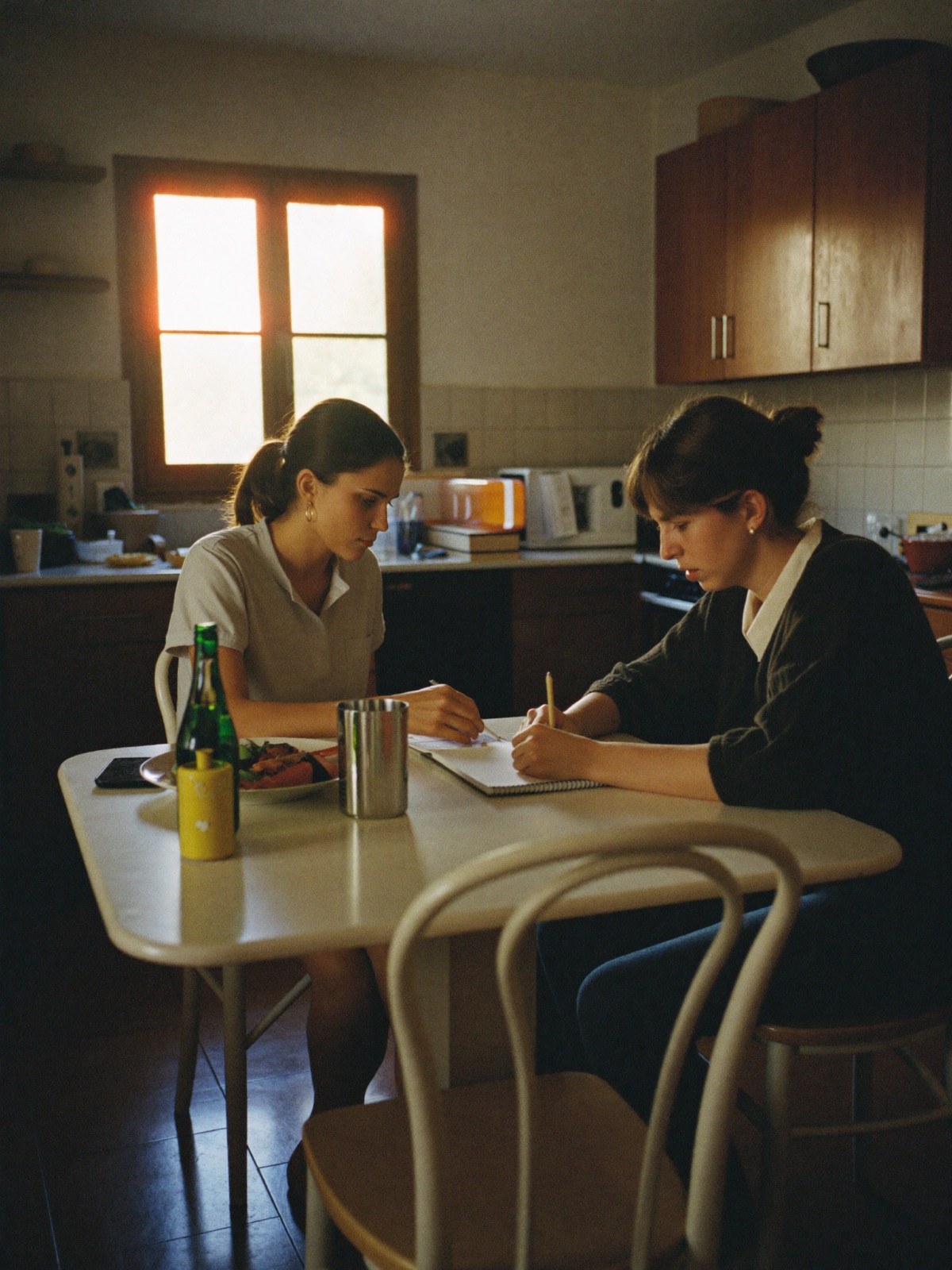 Begeleider en cliënt werken samen aan een weekplanning aan de keukentafel